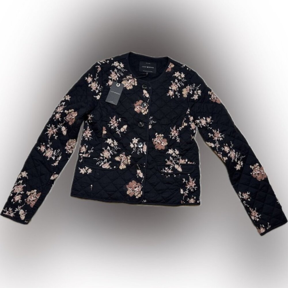 NWT Lucky Brand Black Floral Quilted Blazer.  Women XS